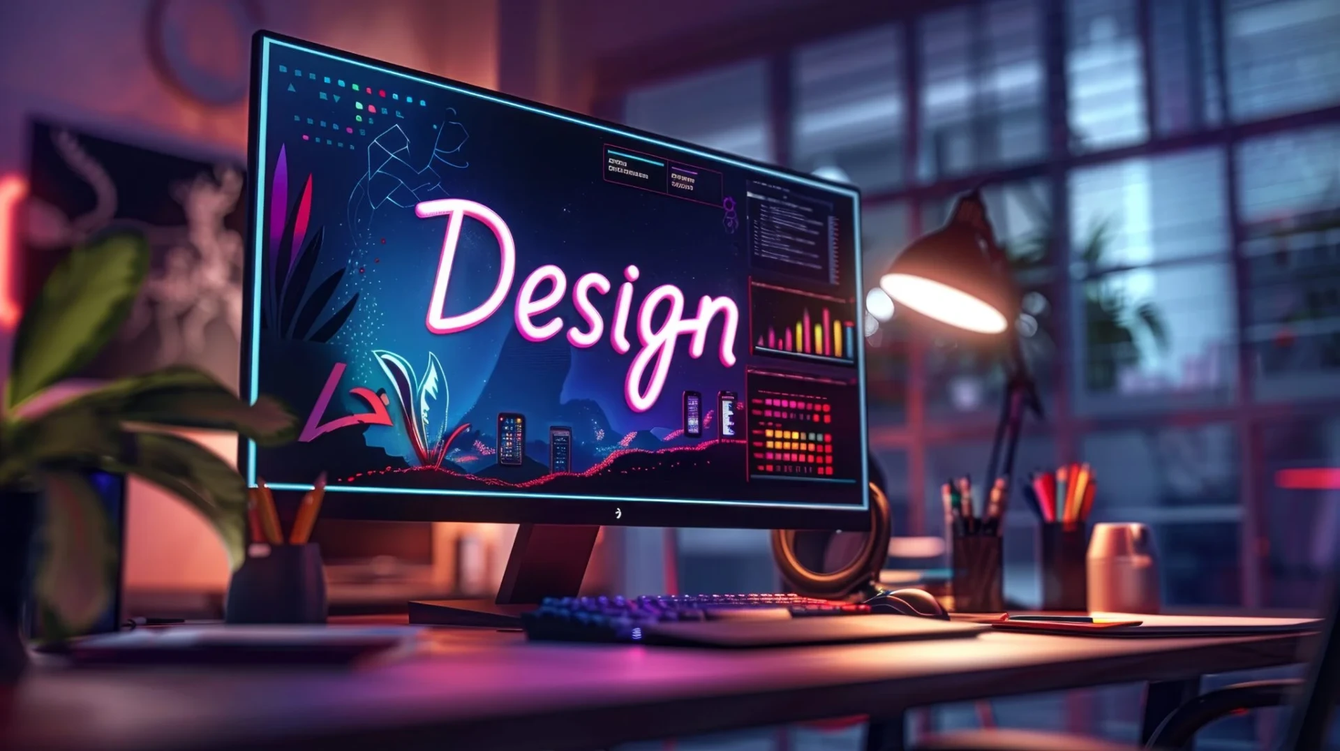 Creative studio monitor displaying website designs