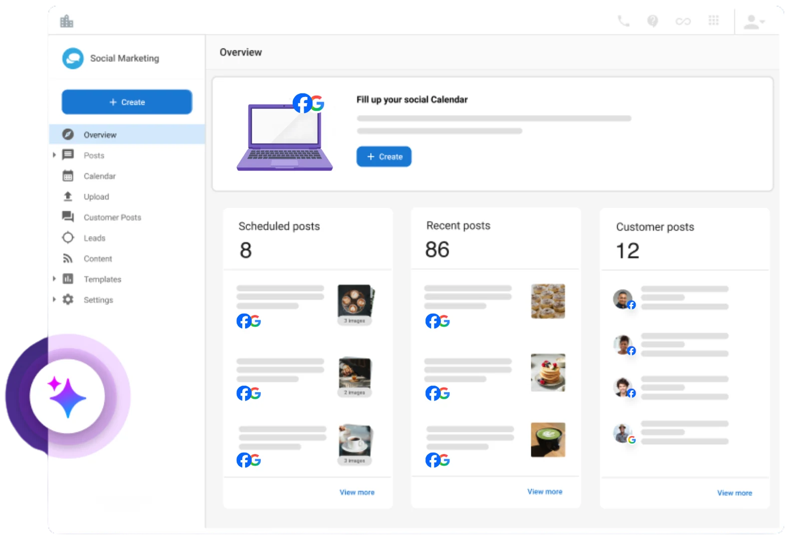 Social marketing calendar displaying scheduled and recent posts