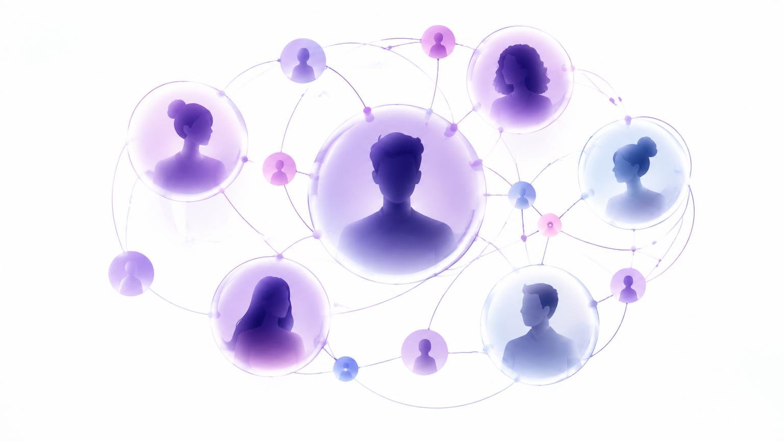 Network of connected people inside glass bubbles