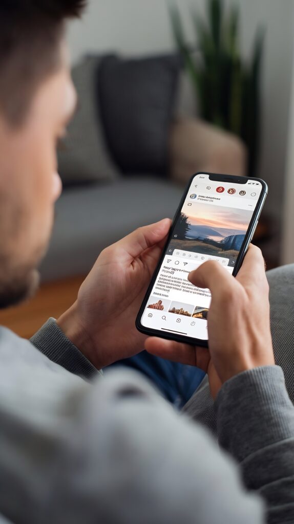 A close-up shot of a man's hands rapidly scrolling through a video feed on his smartphone, demonstrating the exact user behavior that destroys audience retention when trying to boost engagement